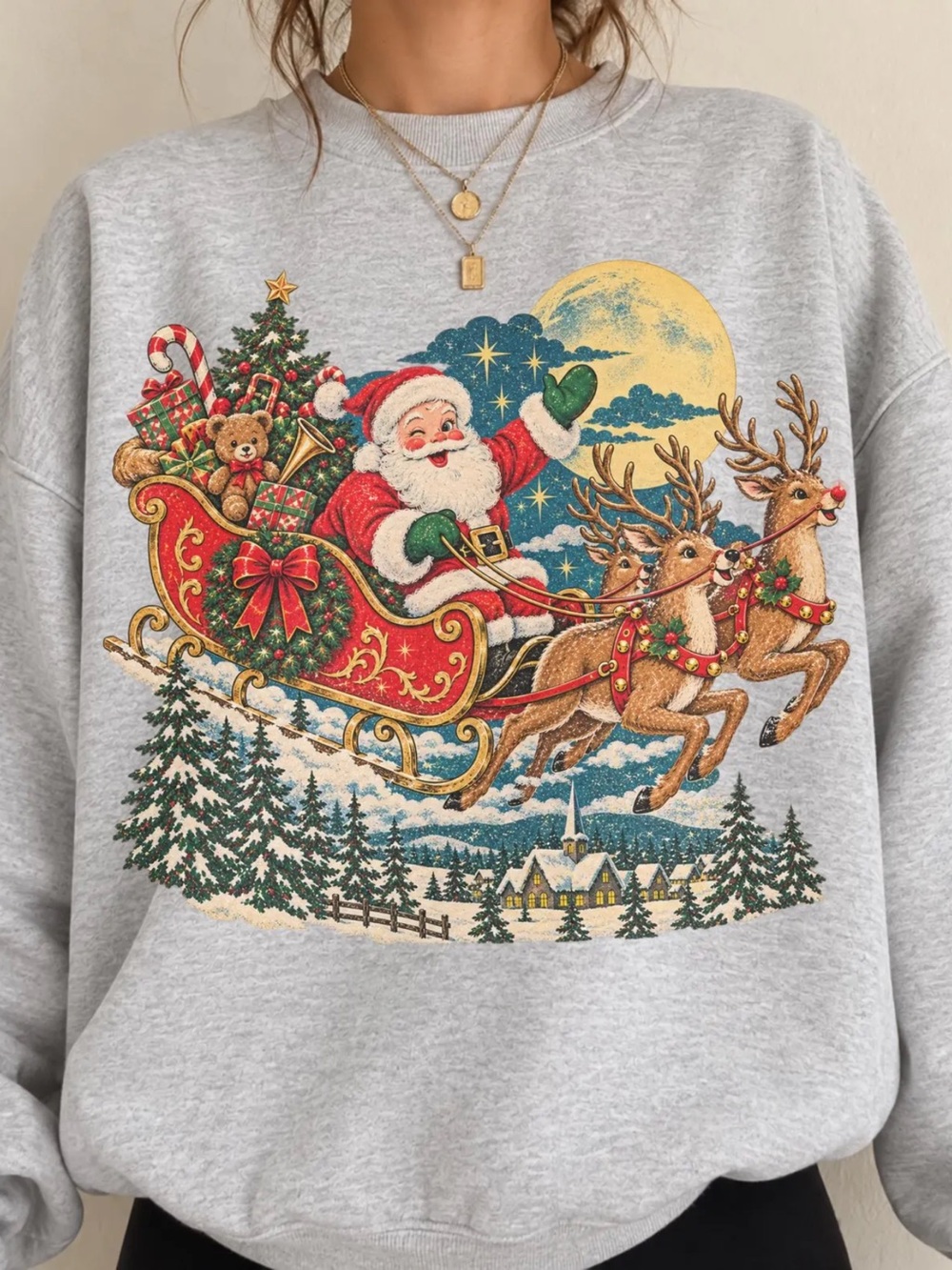 Gildan Gray Holiday Crewneck with Santa Sleigh Graphic